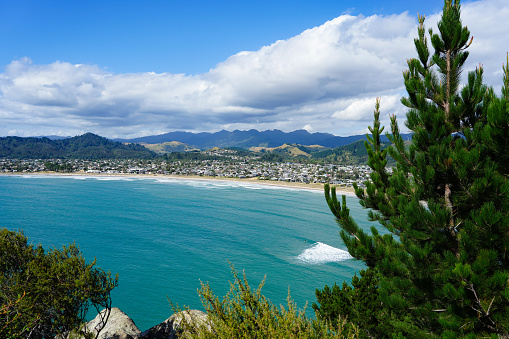 View of Whangamata, a popular beach holiday destination in the Coromandel region of New Zealand