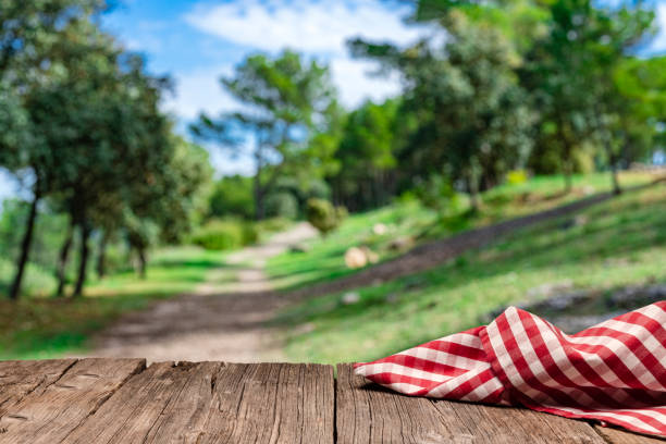istock Rustic picnic table and natural parkland at background 1396834292