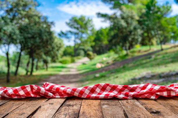 istock Crumpled picnic blanket on table and woodland at background 1396834313
