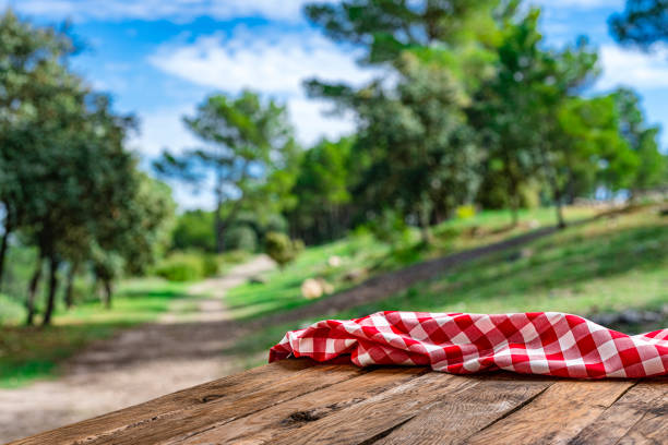 istock Rustic picnic table and woodland at background 1396834317
