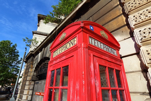 London UK red telephone - phone booth in England. London landmark.