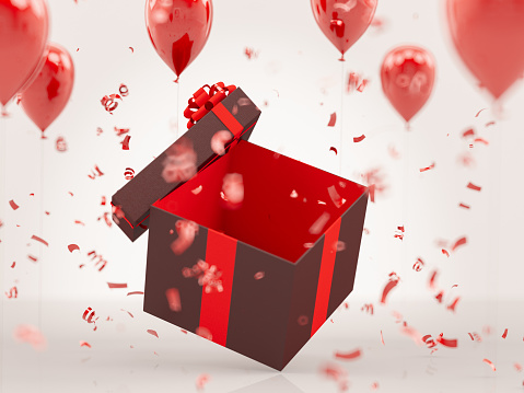 Red Gift with Balloons and Confetti. 3D Render