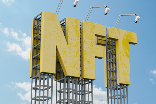 NFT Non-Fungible Token Road Sign Banner. 3D Render