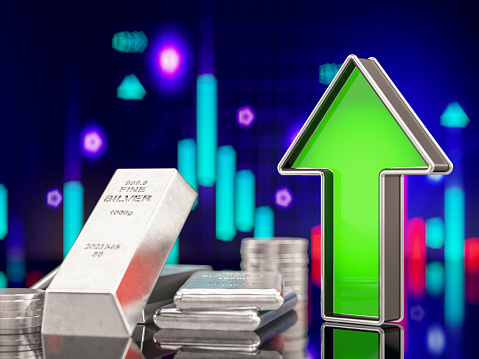 Silver Price Rising Concept with Green Arrow and Financial Chart. 3D Render