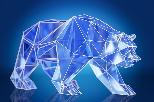 Ice Carved Low Poly Bear on Blue. 3D Render
