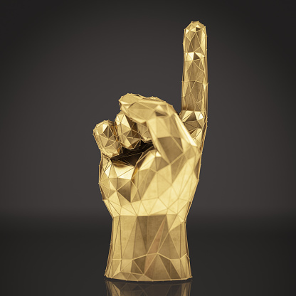 Golden Low Poly Raised Hand Index Finger. 3D Render