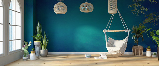 Cozy Interior with Green Blue Wall Books and Hammock. 3D Render
