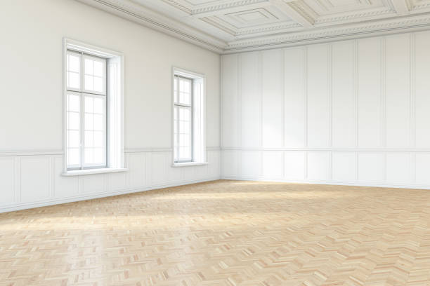 istock Unfurnished Empty White Room with Classic Wooden Wall Panels 1396835299