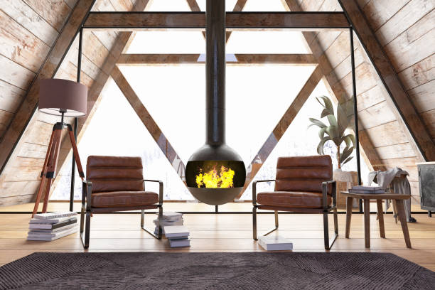 Stylish Tiny Triange House with Armchair And Fireplace Stylish Tiny Triange House with Armchair And Fireplace. 3D Render modern cottage interior design stock pictures, royalty-free photos & images