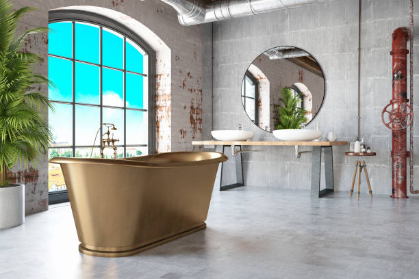 istock Industrial Style Loft Bathroom with a Metal Bathtub 1396835766
