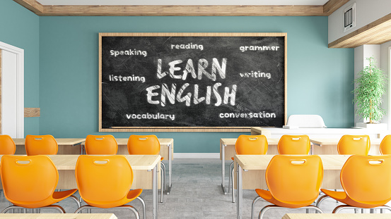 Learning English Concept with Blackboard and Empty Classroom. 3D Render