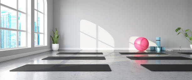 Empty Modern Yoga and Pilates Class Empty Modern Yoga and Pilates Class. 3D Render exercise room stock pictures, royalty-free photos & images