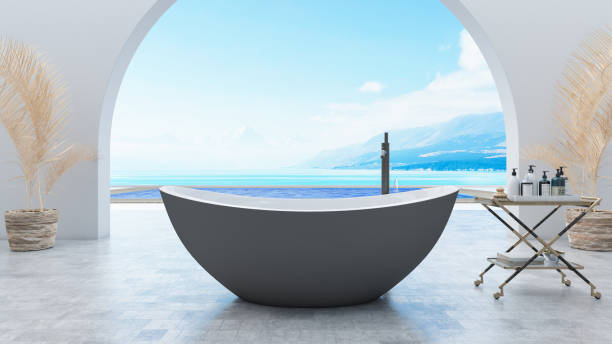 istock Modern Minimalistic Spa Design with Bathtub and Pool View 1396836022