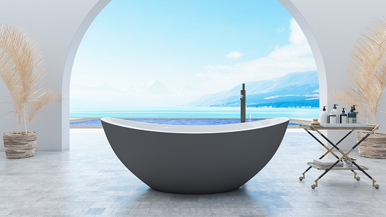 Modern Minimalistic Spa Design with Bathtub and Pool View. 3D Render