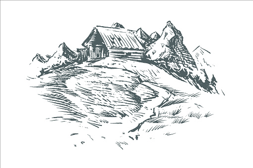 This is a digital drawing of an old mountain cabin