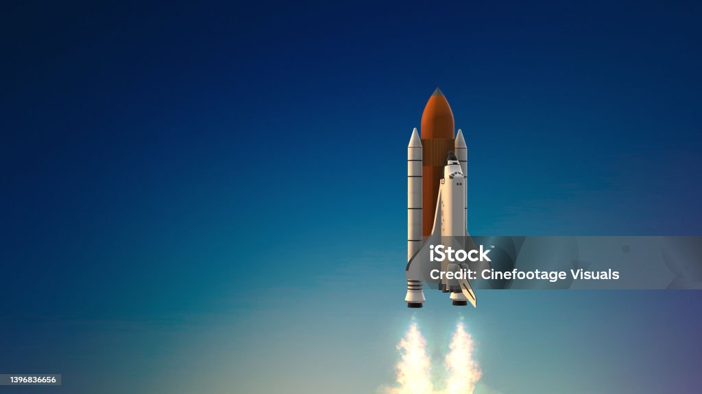 Space shuttle Launch System. Rocket Takeoff. Launch Pad Stock Photo