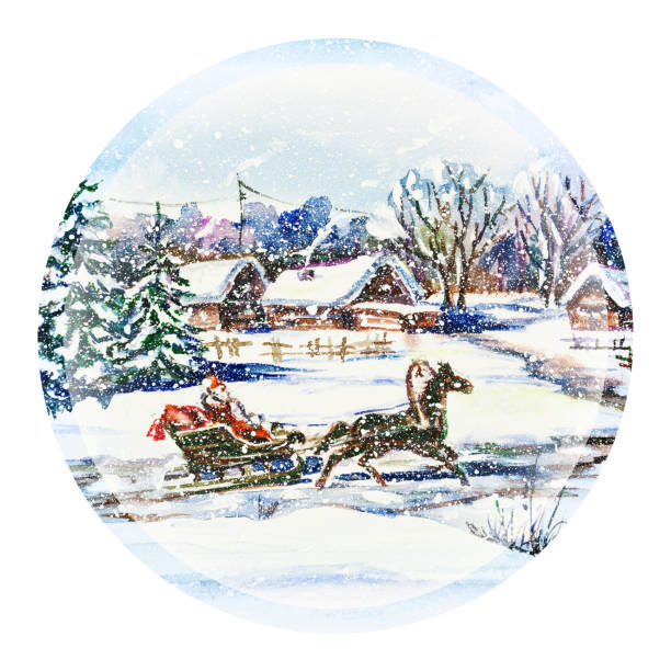 istock Watercolor painting: winter village landscape with Santa in sleigh 1396836660