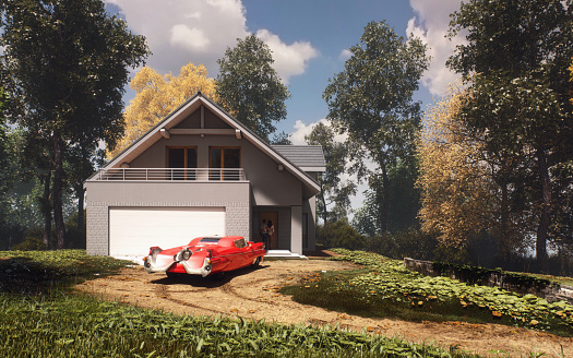 Digitally generated modern villa in a rural area on a sunny autumn day.\n\nThe scene was created in Autodesk® 3ds Max 2022 with V-Ray 5 and rendered with photorealistic shaders and lighting in Chaos® Vantage with some post-production added.