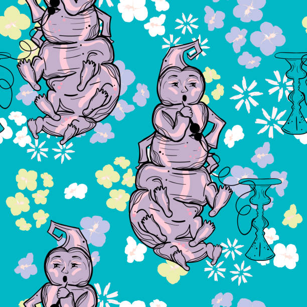 ilustrações de stock, clip art, desenhos animados e ícones de seamless pattern with smoking caterpillar from alice in wonderland fairy tale at floral background. - cigarette wrapping