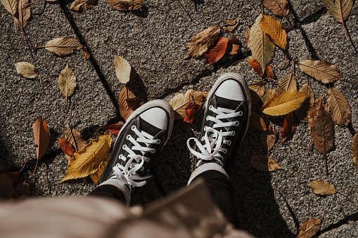 Beautiful scene with female in sneakers on stoned tiles covered with fallen leaves