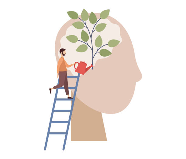 illustrations, cliparts, dessins animés et icônes de icône de croissance de l’esprit. métaphore de la croissance de la personnalité en tant que plante. auto-amélioration, développement personnel. l’homme arrose la plante du cerveau avec un arrosoir. illustration plate vectorielle - quête de beauté