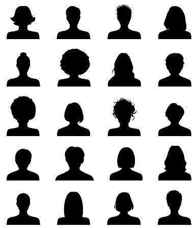 Avatar portrait silhouettes. Woman faces portraits, anonymous characters avatars. Adult people head silhouettes vector illustration set. Female heads with short and long hair