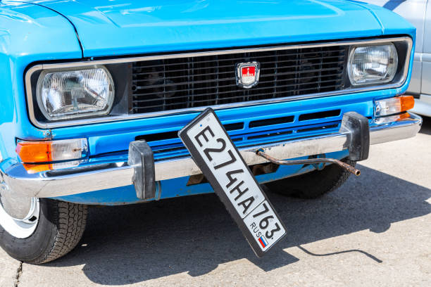 Samara, Russia - May 8, 2022: Handle of manual car starter in Moskvich retro vehicle