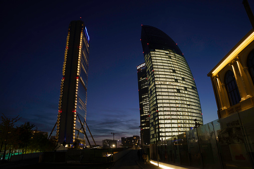 Milan, Italy - November 2, 2021: Milan, Lombardy Italy: the modern Citylife park, with the three towers