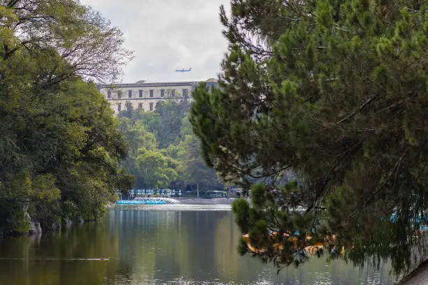 Photo of Lake in Chapultepec Park, Chapultepec Castle in the background, Mexico City, Mexico,