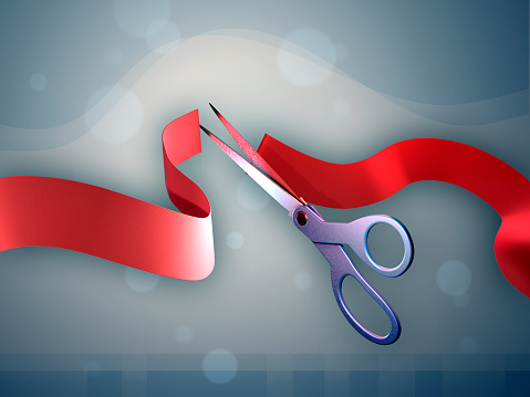 Scissors cutting a red ribbon for an inauguration ceremony. Digital illustration.