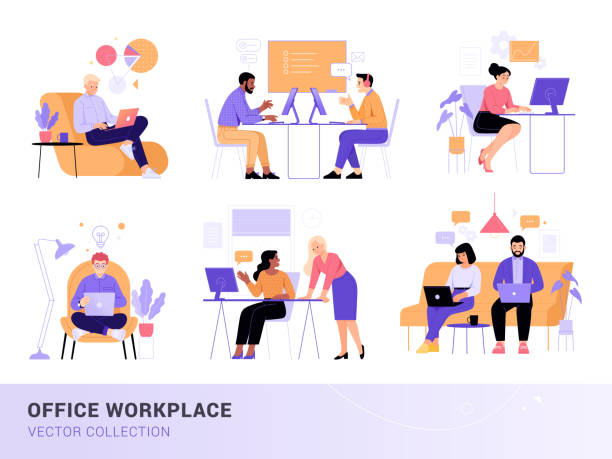 Office workplaces collection. vector art illustration