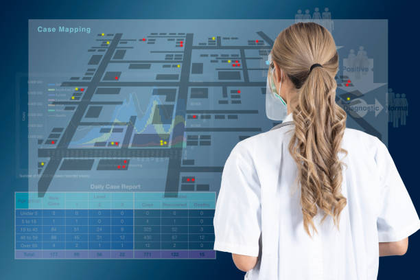 Female doctor watching epidemiological data projected in front of her. Female doctor working on investigation into the disease, watching the epidemiological data projected in front. Female doctor in uniform stands with her back. epidemiology stock pictures, royalty-free photos & images