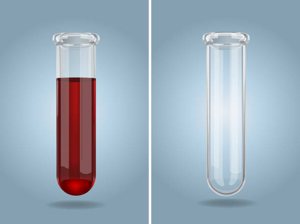 3d transparente glasreagenzgläser mit roter flüssigkeit. vektor-illustration. - laborröhrchen stock-grafiken, -clipart, -cartoons und -symbole