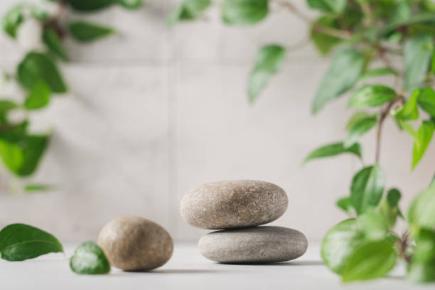 istock Natural stone podium and green leaves 1396844790