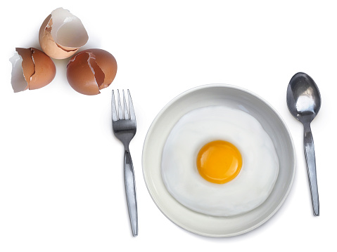 spoon fork fried egg on plate on a white background