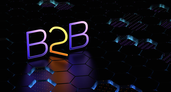 B2B business concept. Business marketing, neon business word on blurred background, banner.3D render illustration.