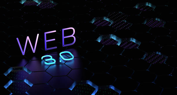 Neon WEB 3.0. Glowing web 3 abstract.Neon glowing background.3D render illustration. stock photo