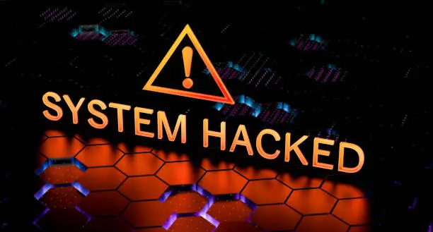 The Attacked hacked system. System hacking concept. Hacked system warning threat. 3D render illustration.