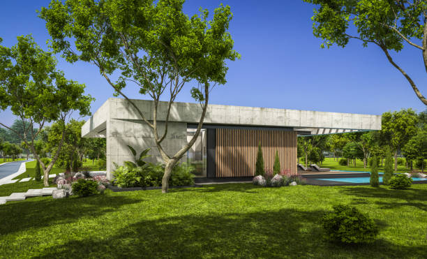 istock 3d rendering of new concrete house in modern style 1396848198