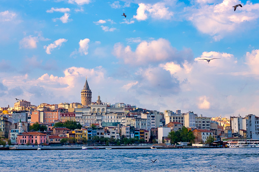 A view of the Karaköy skyline from the Bosphorus, Istanbul, Turkey