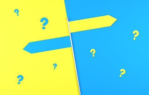 Two Empty Directional Signs And Question Marks Over Yellow And Blue Background. Decisions Concept.