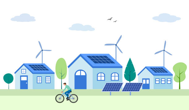Environment friendly houses with solar panels and wind turbines in flat design. Solar sustainable village. vector art illustration