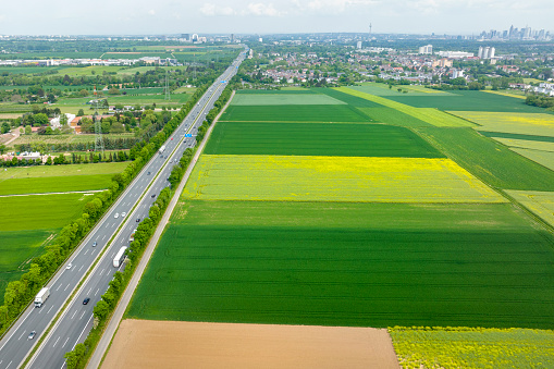 Agricultural fields and highway - aerial view