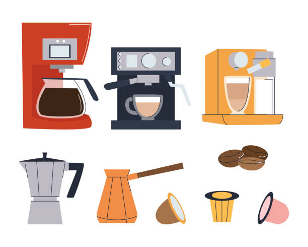 Coffee machine, coffee maker and a set of capsules for brewing coffee. Set of flat vector illustration. Coffee machine, coffee maker and a set of capsules for brewing coffee. Set of flat vector illustration. Eps10 turkish coffee pot cezve stock illustrations
