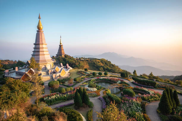 дой интанон твин пагоды на горе интанон возле чиангмай, таиланд - stupa pagoda thailand asian culture стоковые фото и изображения