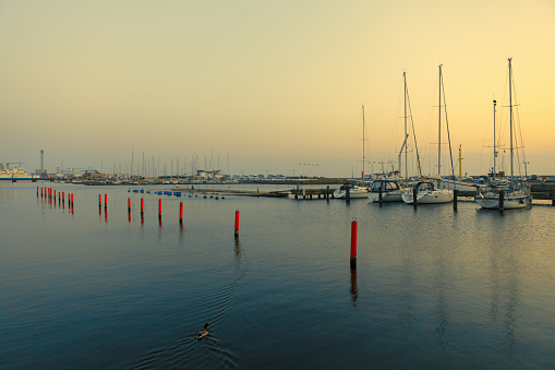 Harbor with yachts in Scandinavia . Berth with calm water