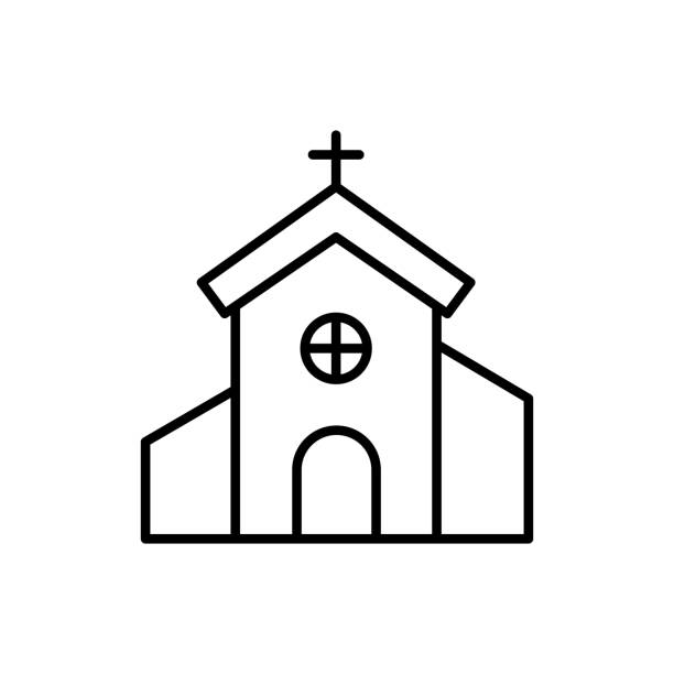 ilustrações, clipart, desenhos animados e ícones de ícone da linha preta de construção da igreja. igreja moderna. símbolo de contorno isolado plano da moda, sinal usado para: ilustração, infográfico, logotipo, celular, app, banner, web design, dev, ui, ux, gui. vetor eps 10 - religious icon telephone symbol mobile phone