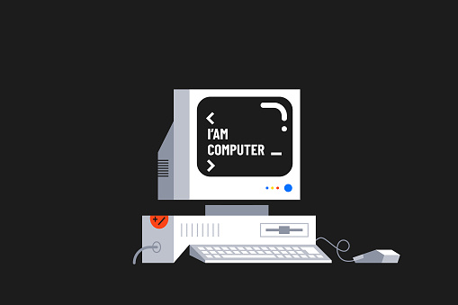 Old desktop computer vector illustration. Message on the screen.