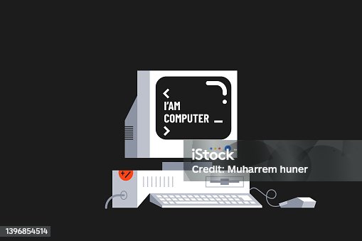 istock Old desktop computer vector illustration. Message on the screen. 1396854514