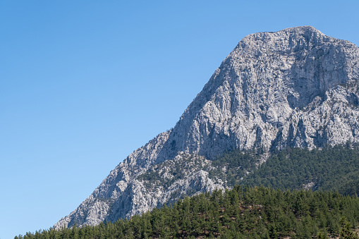 Mountain peaks named Dentelles-de-Montmirail against blue sky in summer in France.